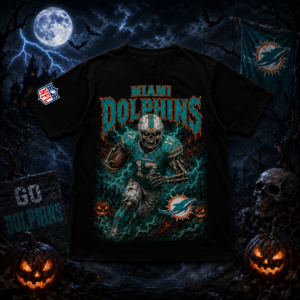 Unisex Miami Dolphins Spooky Skeleton Football Player Halloween 2026 Graphic Shirt for Football Fans