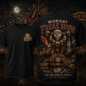 Unisex Midnight Freak Show The Show Begins at Twelve Halloween 2026 Graphic Shirt for Horror Fans