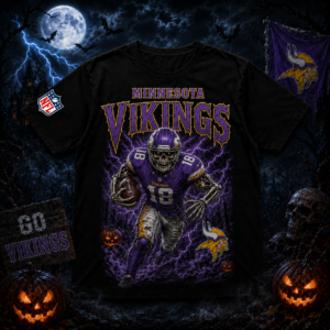 Unisex Minnesota Vikings Spooky Skeleton Football Player Halloween 2026 Graphic Shirt for Football Fans
