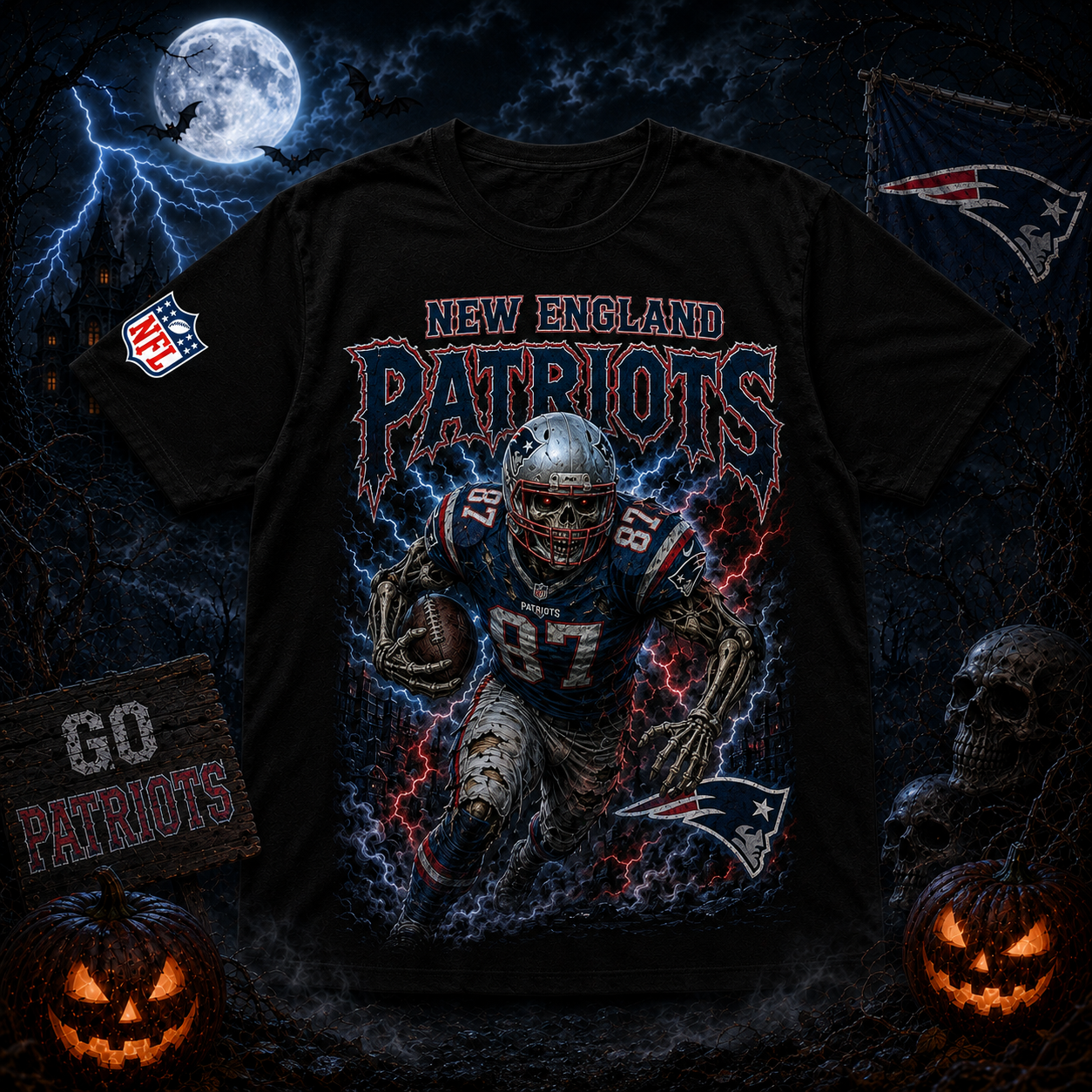 Unisex New England Patriots Spooky Skeleton Football Player Halloween 2026 Graphic Shirt for Football Fans 1 Unisex New England Patriots Spooky Skeleton Football Player Halloween 2026 Graphic Shirt for Football Fans