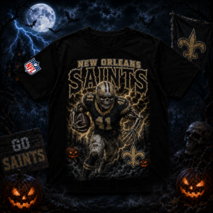 Unisex New Orleans Saints Spooky Skeleton Football Player Halloween 2026 Graphic Shirt for Football Fans
