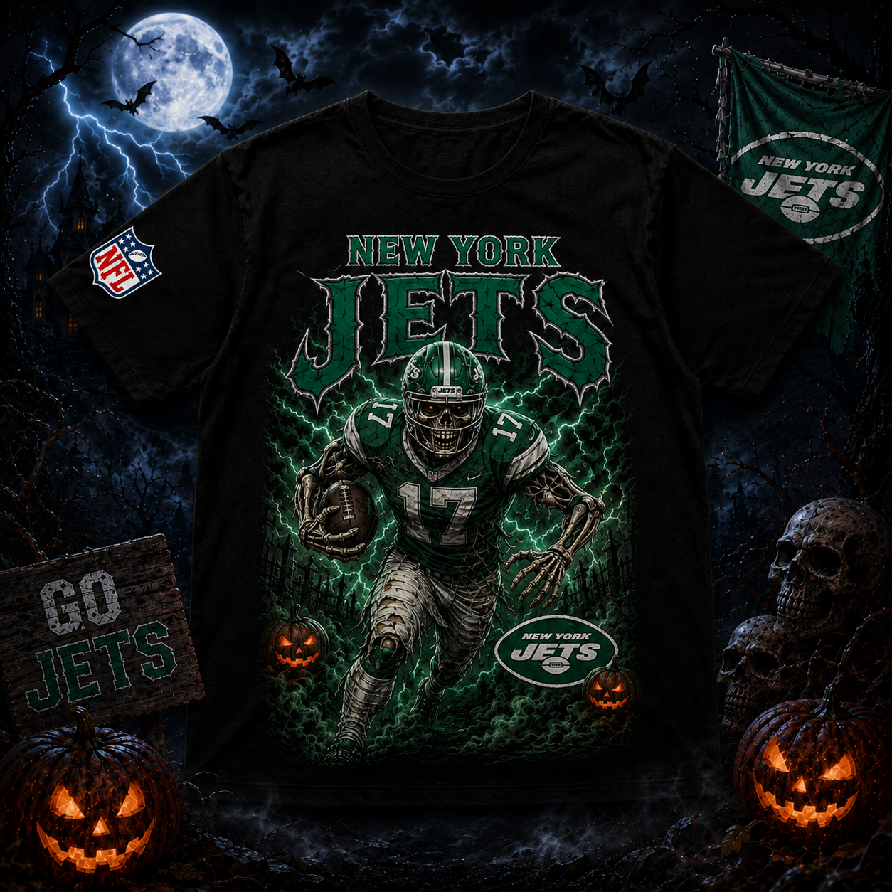Unisex New York Jets Spooky Skeleton Football Player Halloween 2026 Graphic Shirt for Football Fans 1 Unisex New York Jets Spooky Skeleton Football Player Halloween 2026 Graphic Shirt for Football Fans