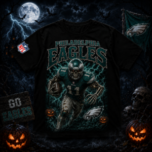 Unisex Philadelphia Eagles Spooky Skeleton Football Player Halloween 2026 Graphic Shirt for Football Fans