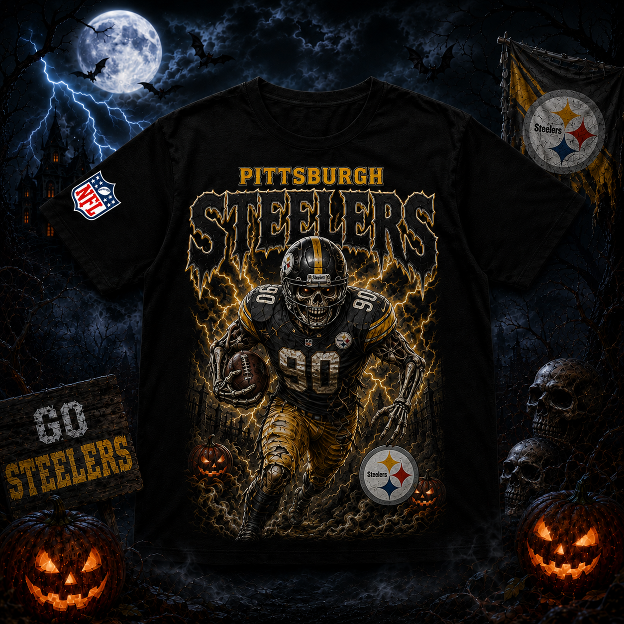 Unisex Pittsburgh Steelers Spooky Skeleton Football Player Halloween 2026 Graphic Shirt for Football Fans 1 Unisex Pittsburgh Steelers Spooky Skeleton Football Player Halloween 2026 Graphic Shirt for Football Fans