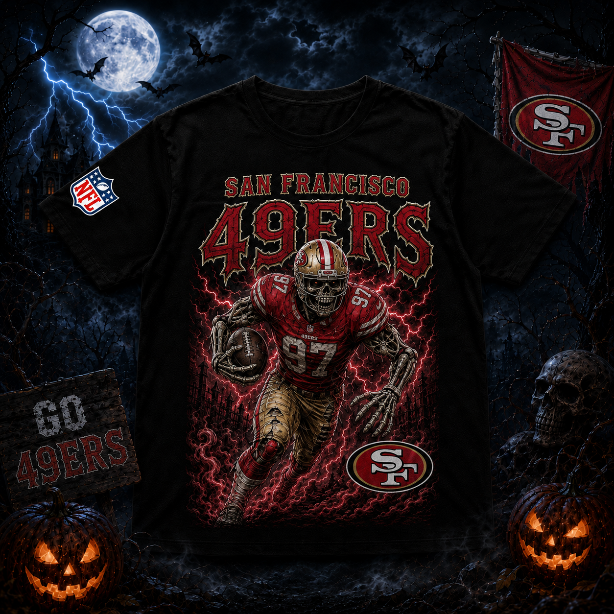 Unisex San Francisco 49ers Spooky Skeleton Football Player Halloween 2026 Graphic Shirt for Football Fans 1 Unisex San Francisco 49ers Spooky Skeleton Football Player Halloween 2026 Graphic Shirt for Football Fans