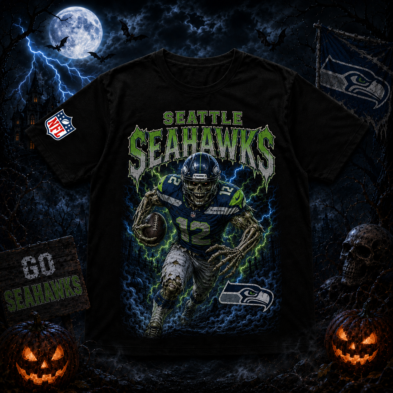 Unisex Seattle Seahawks Spooky Skeleton Football Player Halloween 2026 Graphic Shirt for Football Fans 1 Unisex Seattle Seahawks Spooky Skeleton Football Player Halloween 2026 Graphic Shirt for Football Fans