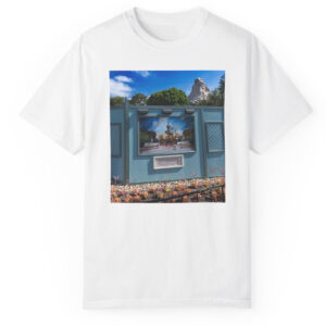 Unisex Theme Park Castle Photo Amusement Park Scene Blue Facade Graphic Shirt for Theme Park Fans