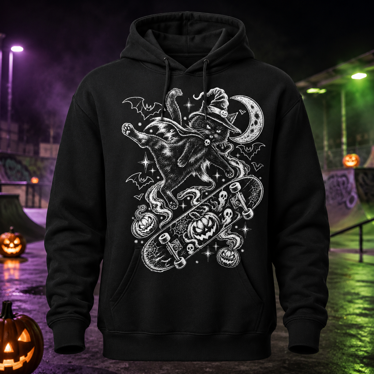 Unisex Witch Cat Kickflip Halloween Skateboard Graphic T-Shirt 3 Unisex Witch Cat Kickflip Halloween Skateboard Graphic T-Shirt - Image 3