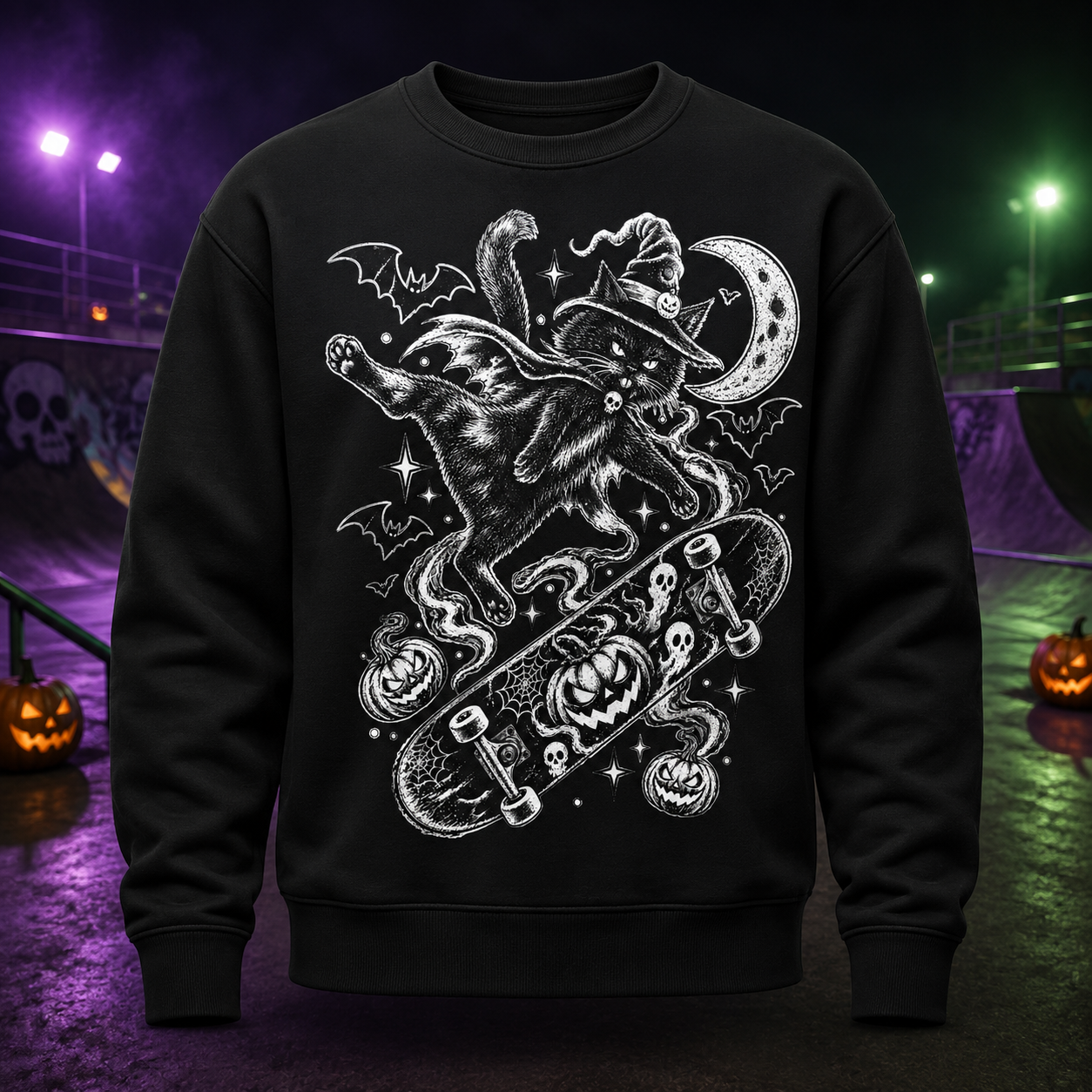 Unisex Witch Cat Kickflip Halloween Skateboard Graphic T-Shirt 2 Unisex Witch Cat Kickflip Halloween Skateboard Graphic T-Shirt - Image 2