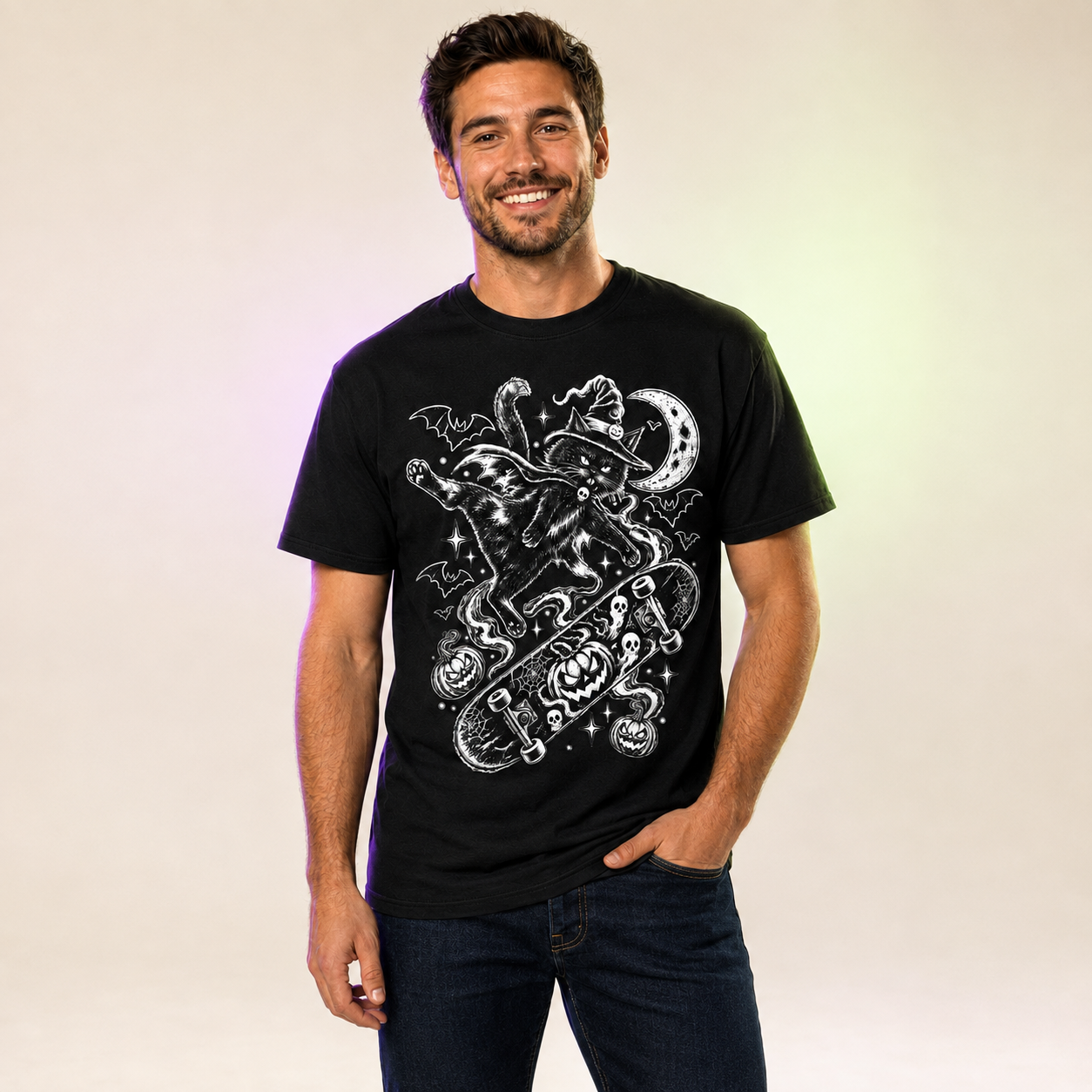 Unisex Witch Cat Kickflip Halloween Skateboard Graphic T-Shirt 6 Unisex Witch Cat Kickflip Halloween Skateboard Graphic T-Shirt - Image 6