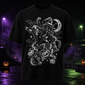 Unisex Witch Cat Kickflip Halloween Skateboard Graphic T-Shirt
