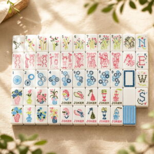 Blue & White Floral American Mahjong Set - 160 Acrylic Tiles, Mat, Storage Bag & Accessories