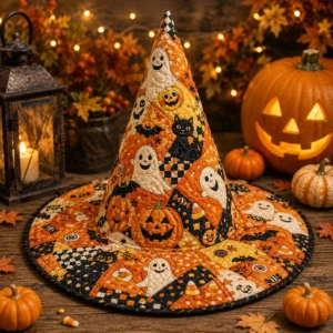 Halloween Quilted Witch Hat with Pumpkin Ghost Black Cat
