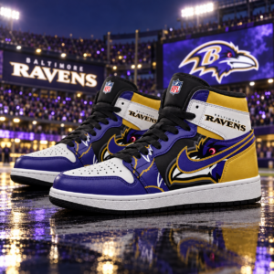 Baltimore Ravens Purple Gold Football Pride AJ1 High Top Shoes for Football Fans