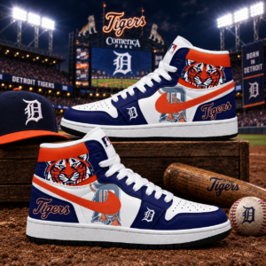 Detroit Tigers Navy Orange Baseball Pride AJ1 High Top Shoes for Baseball Fans