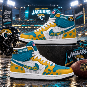 Jacksonville Jaguars Teal Gold Football Pride AJ1 High Top Shoes for Football Fans