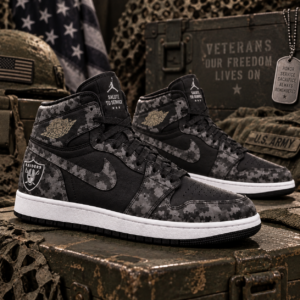 Las Vegas Raiders 2026 Salute to Service Black Camo AJ1 High Top Shoes