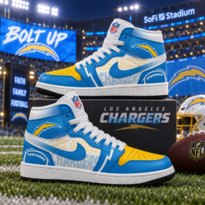 Los Angeles Chargers Powder Blue Gold Football Pride AJ1 High Top Shoes for Football Fans