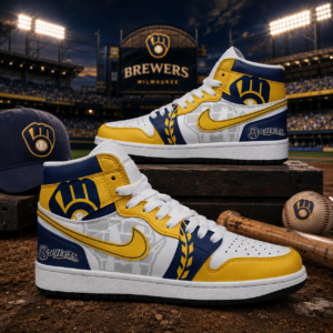 Milwaukee Brewers Gold Navy Baseball Pride AJ1 High Top Shoes for Baseball Fans