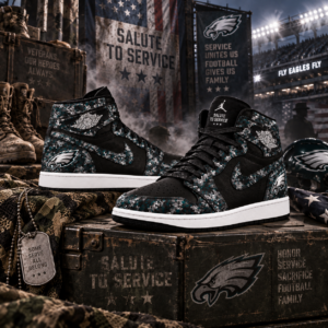 Philadelphia Eagles 2026 Salute to Service Black Camo AJ1 High Top Shoes