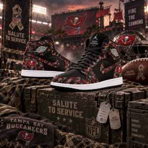 Tampa Bay Buccaneers 2026 Salute to Service Black Camo AJ1 High Top Shoes